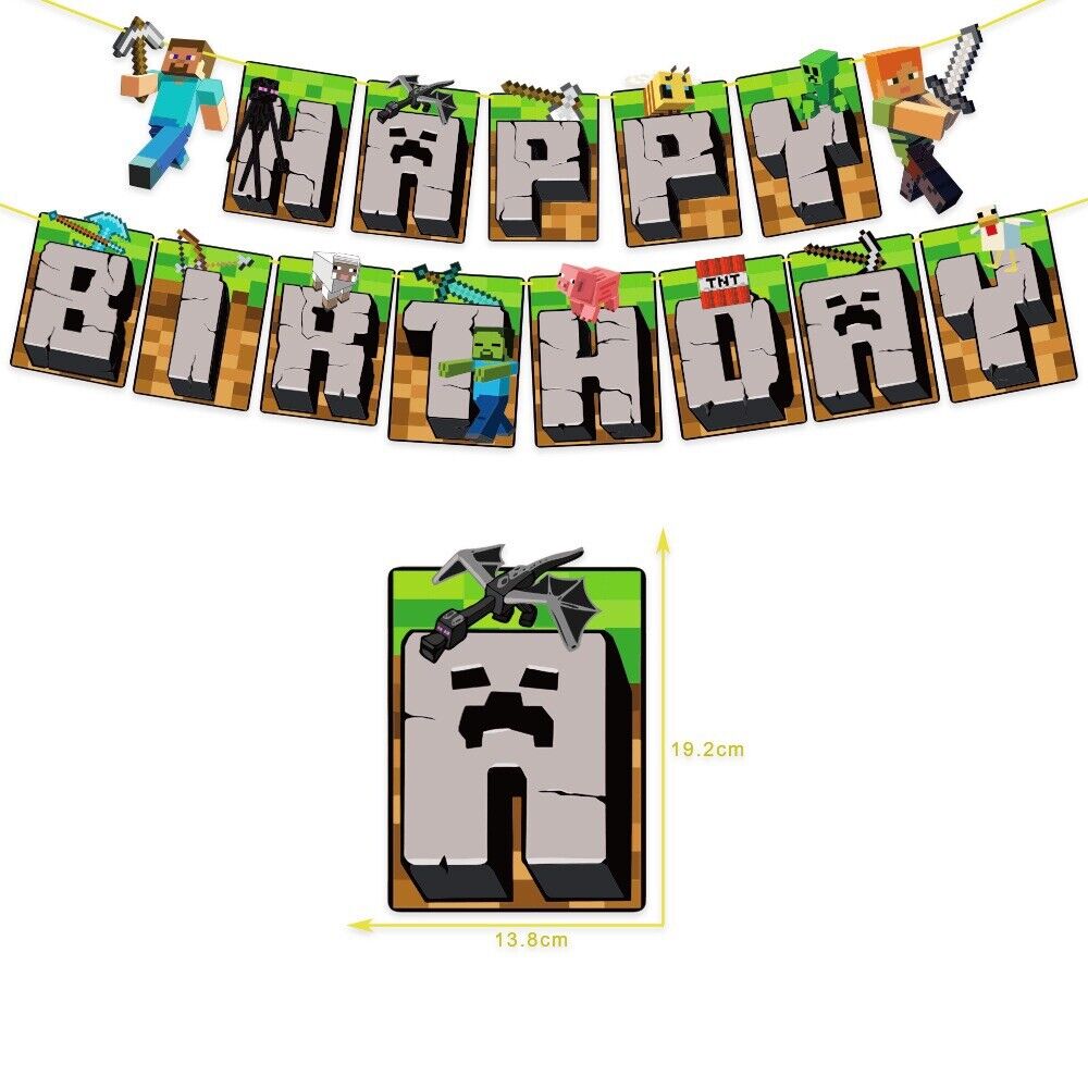 minecraft kids Happy birthday banner balloon party set cake topper fun AU STOCK