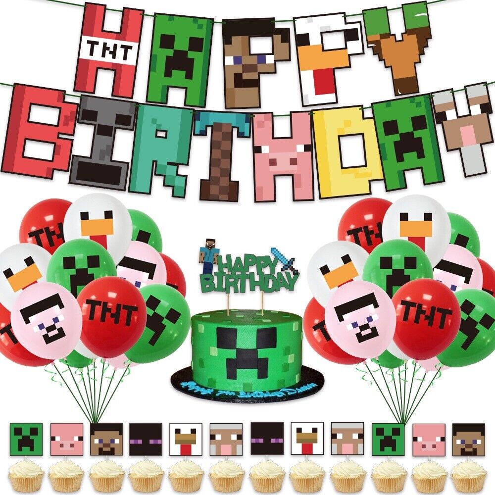 minecraft kid Happy birthday banner balloon party decor fun cake toppe ...