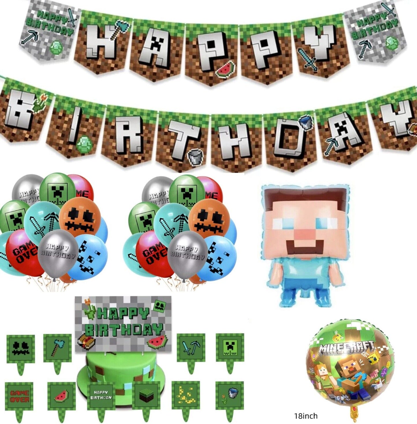 MINECRAFT Happy birthday banner Foil balloon party set AU STOCK