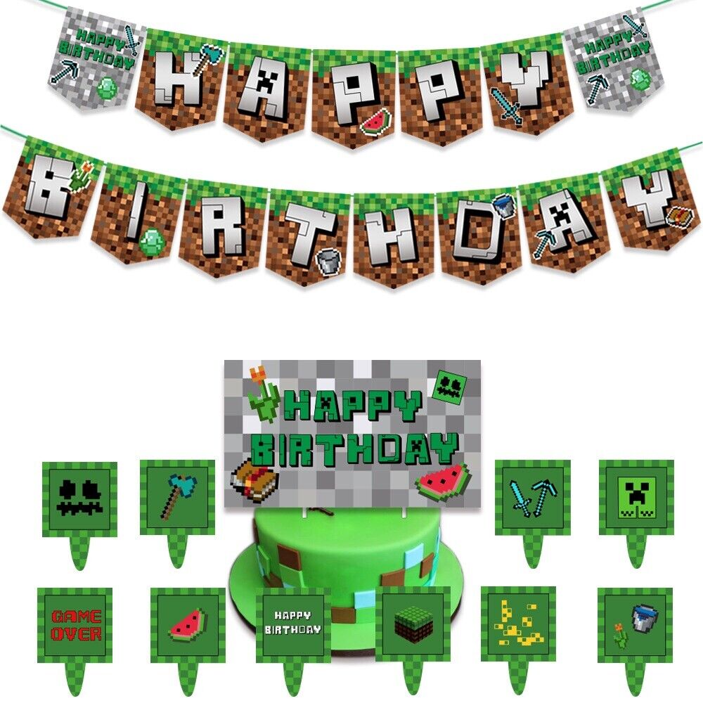 MINECRAFT Happy birthday banner Foil balloon party set AU STOCK