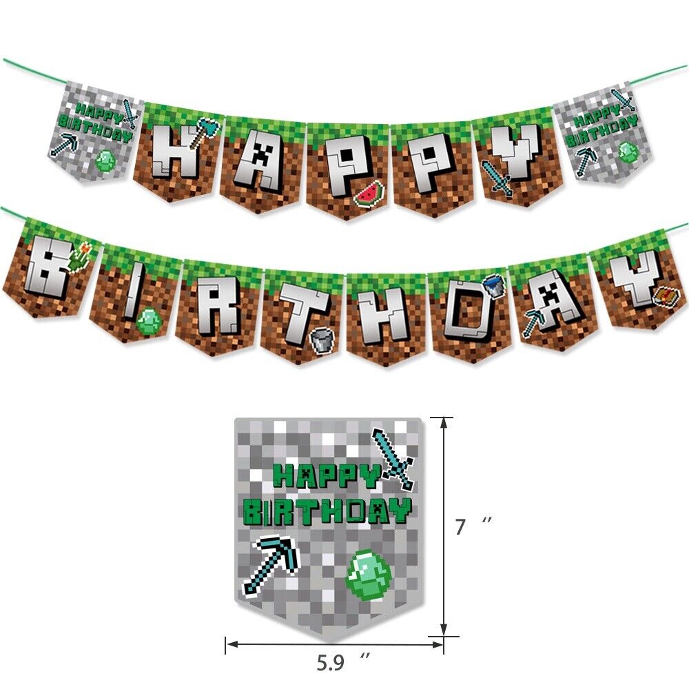 MINECRAFT Happy birthday banner Foil balloon party set AU STOCK