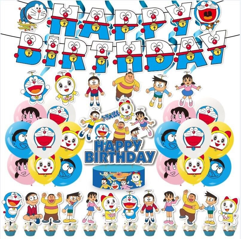 Doraemon happy birthday kids banner balloon party set decor cake topper au stock