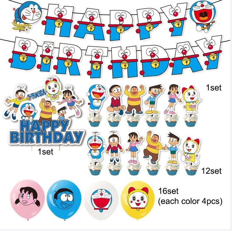 Doraemon happy birthday kids banner balloon party set decor cake topper au stock