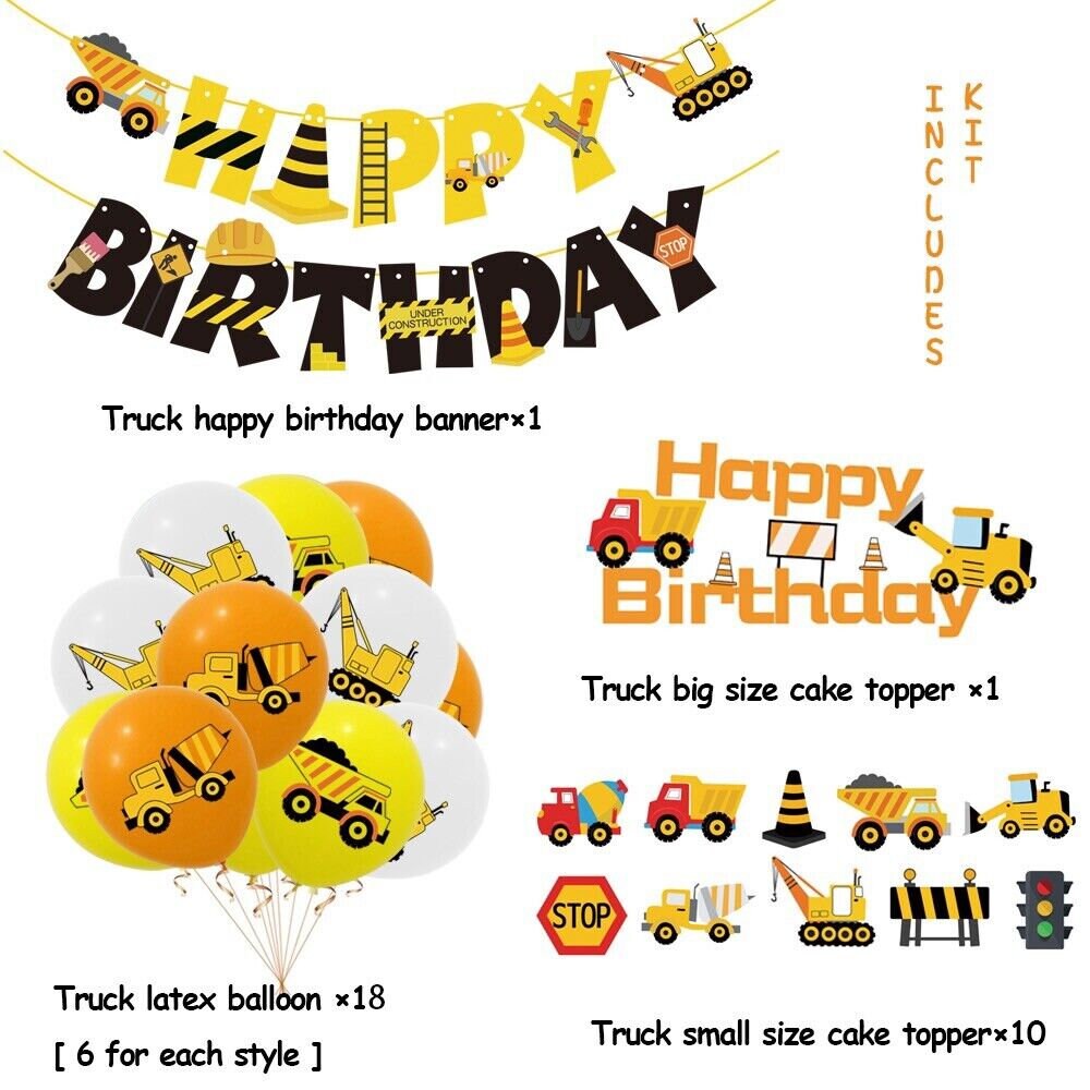 Dump truck balloons happy birthday kids banner  party set decor cake topper au