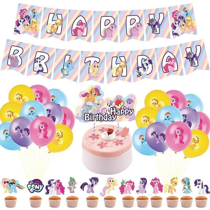 Pony balloons happy birthday kids banner  party set decor cake topper au