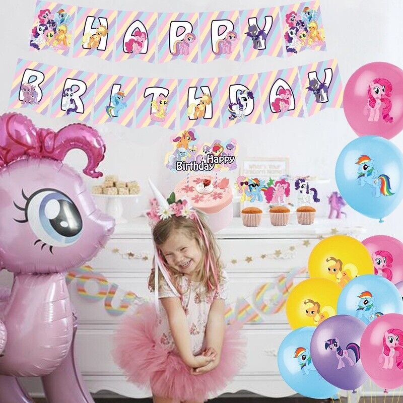 Pony balloons happy birthday kids banner  party set decor cake topper au