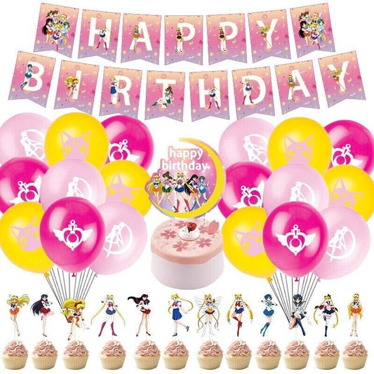 Salor moon balloons happy birthday kids banner  party set decor cake topper au