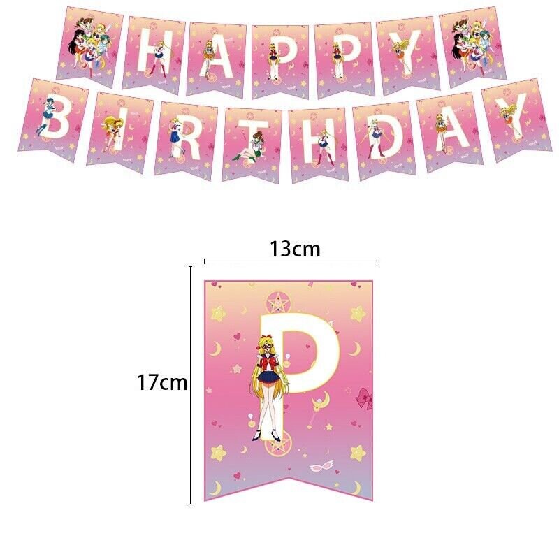 Salor moon balloons happy birthday kids banner  party set decor cake topper au