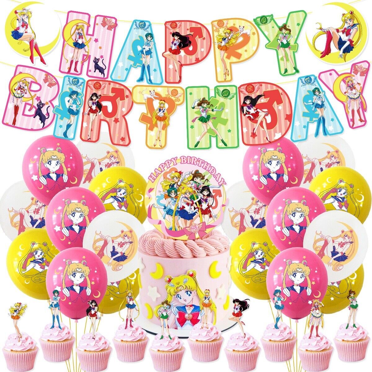 Sailor moon Balloons Happy birthday KIDS banner  party set decor cake topper AU