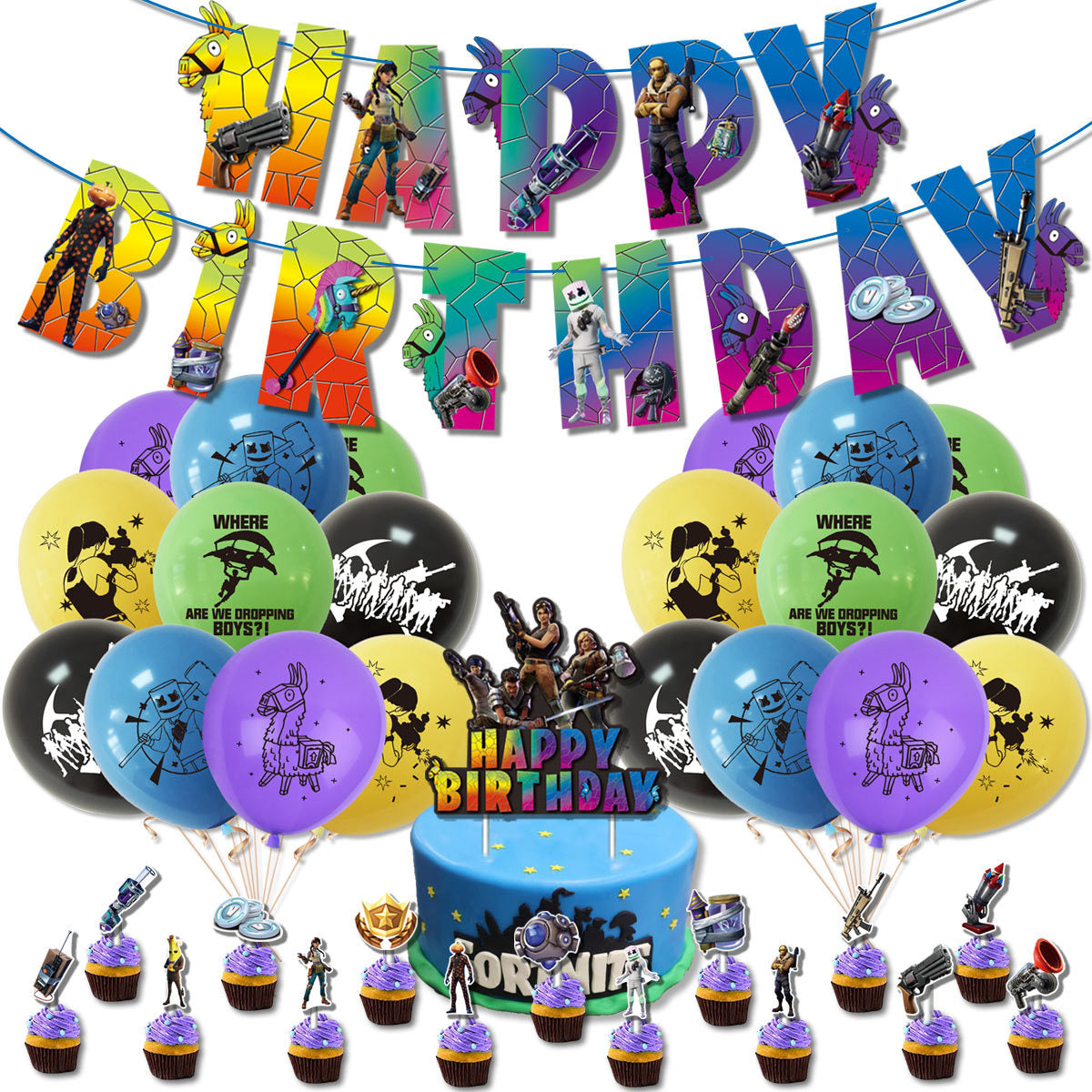 Fortnite Happy Birthday banner Balloons cake topper set