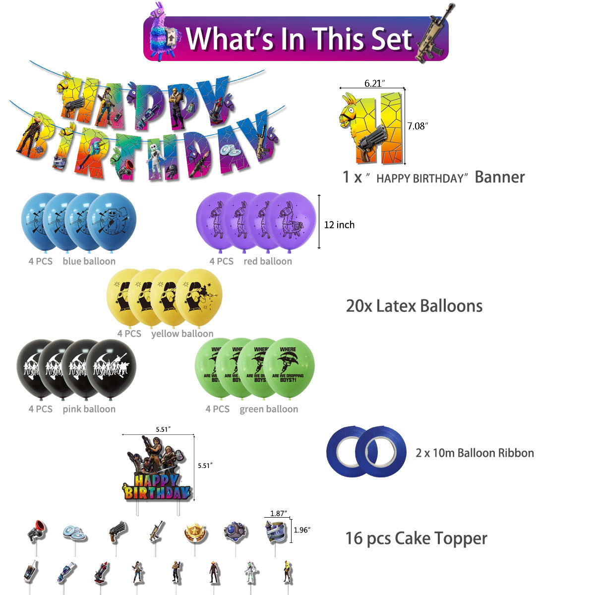 Fortnite Happy Birthday banner Balloons cake topper set